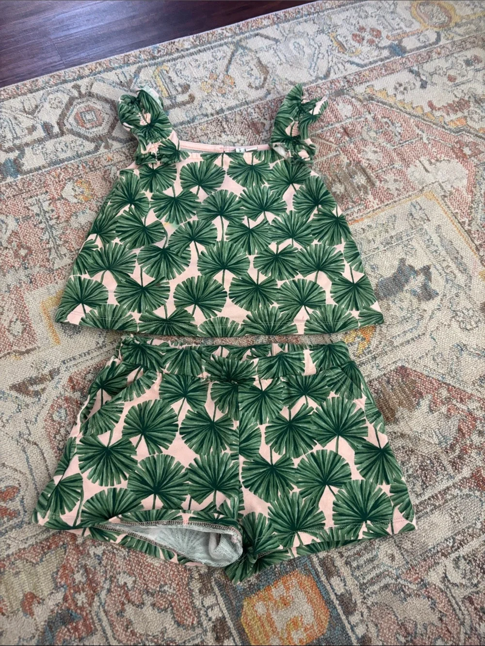 Janie and Jack Pink & Green Palm-Leaf Ruffle Strap Shorts Set